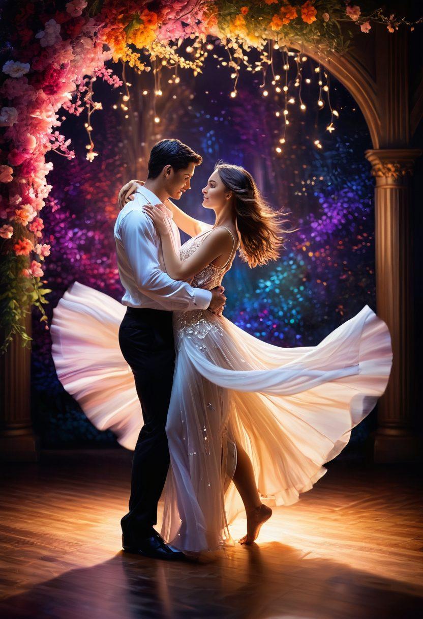 A lush, romantic setting featuring two diverse figures engaged in a dance of intimacy, surrounded by soft, glowing lights and playful, whimsical elements symbolizing fantasies. The background showcases a blend of surreal dreamscapes with gentle waves and vibrant floral patterns. The mood is warm and inviting, capturing both joy and connection in an abstract yet relatable manner. super-realistic. vibrant colors. soft focus.