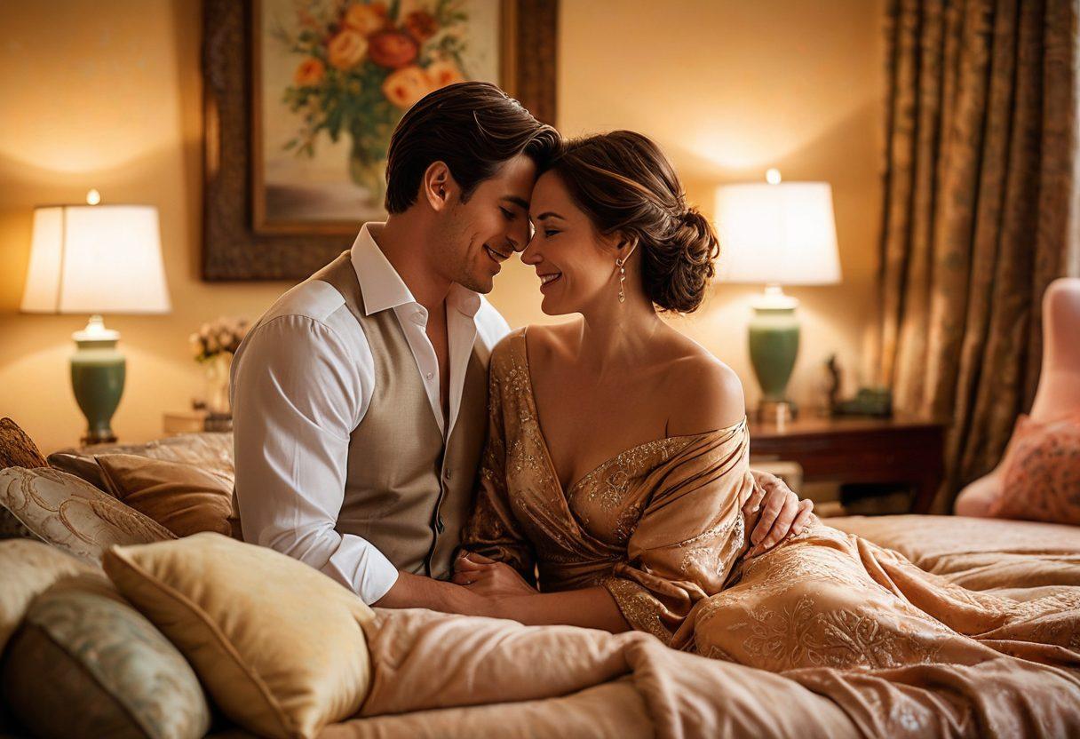 A cozy, softly lit room adorned with luxurious fabrics and intimate decor, where a diverse couple shares a playful, affectionate moment. In the background, hints of mature themes are subtly illustrated through tasteful art and decor, evoking a sense of warmth and connection. The scene captures the essence of joyful intimacy, with gentle smiles and tender gestures enhancing the atmosphere. soft-focus, romantic lighting, warm color palette. digital painting.